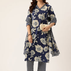 Bodered V-Neck 3-Piece Kurta Set with Ankle-Length Pants & Full-Length Dupatta (Size S-XXL).