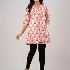 Cotton Printed Ethnic Motifs Pink Angrakha Short Tunic
