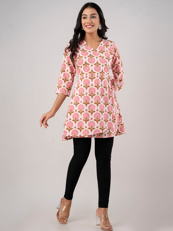Cotton Printed Ethnic Motifs Pink Angrakha Short Tunic