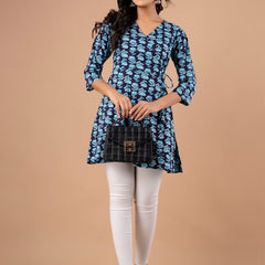 Cotton Printed Blue Angrakha Short Tunic