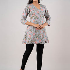 Cotton Printed Grey Angrakha Short Tunic