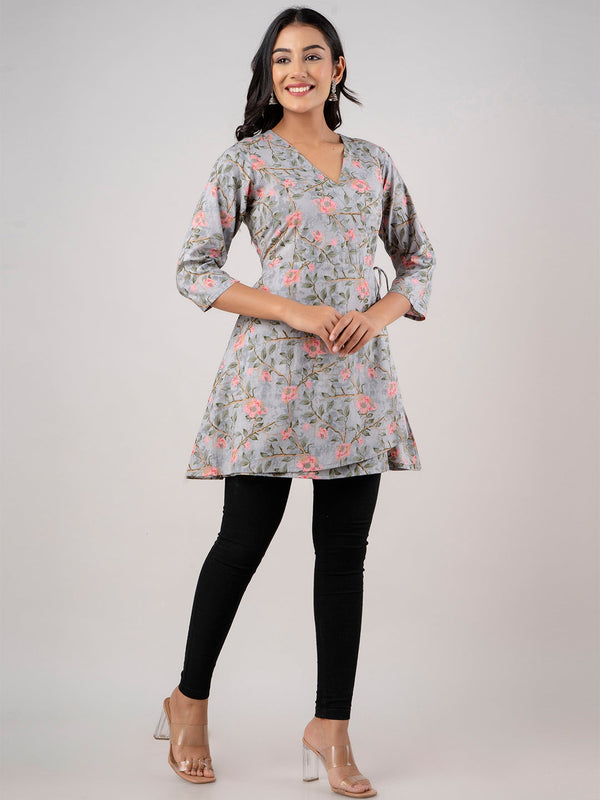 Cotton Printed Grey Angrakha Short Tunic