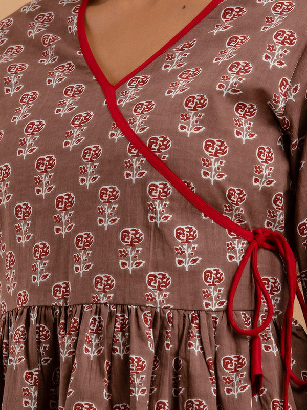 Cotton Printed Brown Angrakha Short Tunic