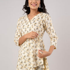 Cotton Printed Yellow Angrakha Short Tunic