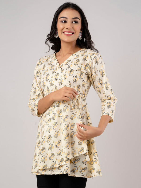 Cotton Printed Yellow Angrakha Short Tunic