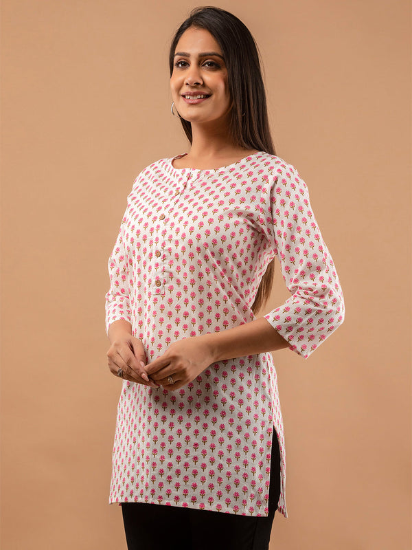 Women White Cotton Printed Short Kurti