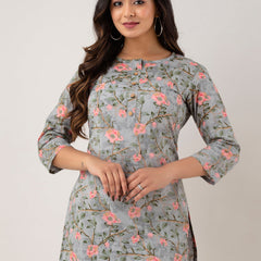 Women Grey Cotton Printed Short Kurti