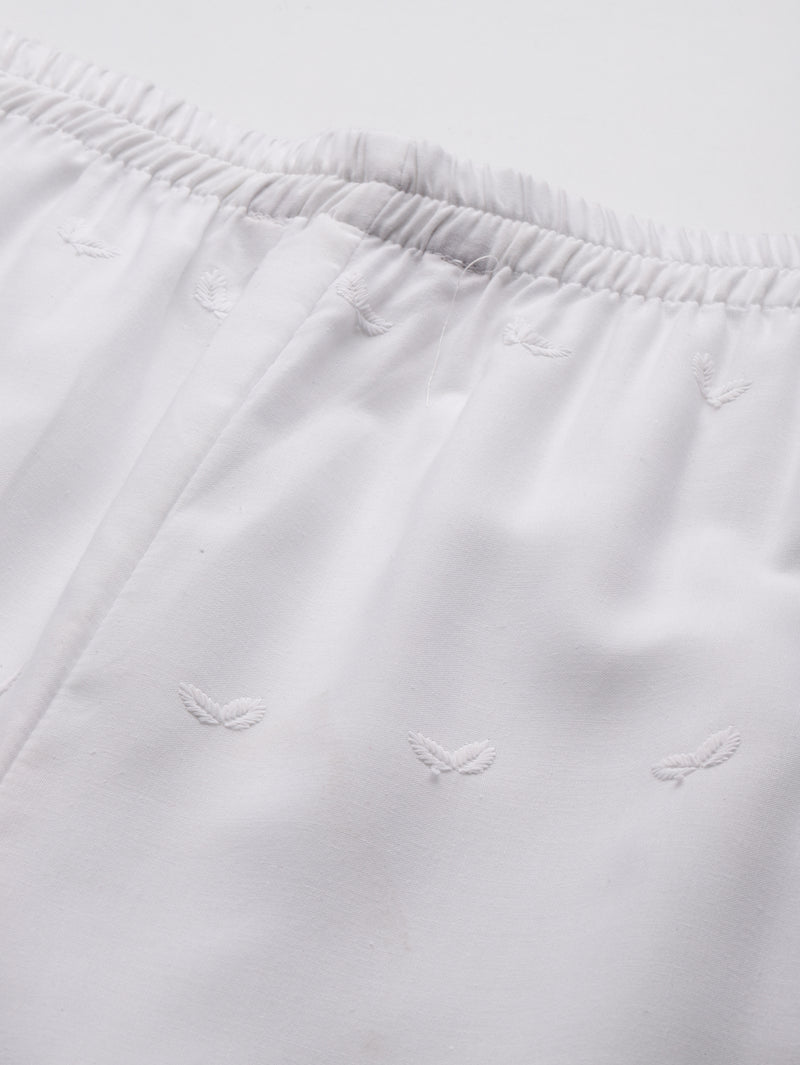 White Embroidered Palazzos–Fully Lined, Elastic Waist & Ankle-Length with Side Pocket