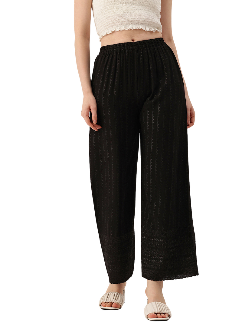 Black Black Embroidered Cotton Palazzos–Elastic Waist & Ankle-Length with Side Pocket