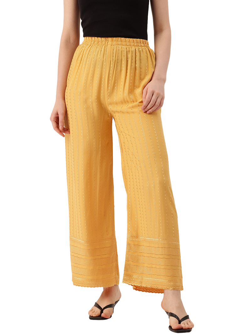 yellow Yellow Embroidered Cotton Palazzos–Elastic Waist & Ankle-Length with Side Pocket