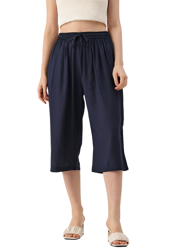 Women's Culottes | Calf-Length Pants with Double Pockets & Elastic Waistband