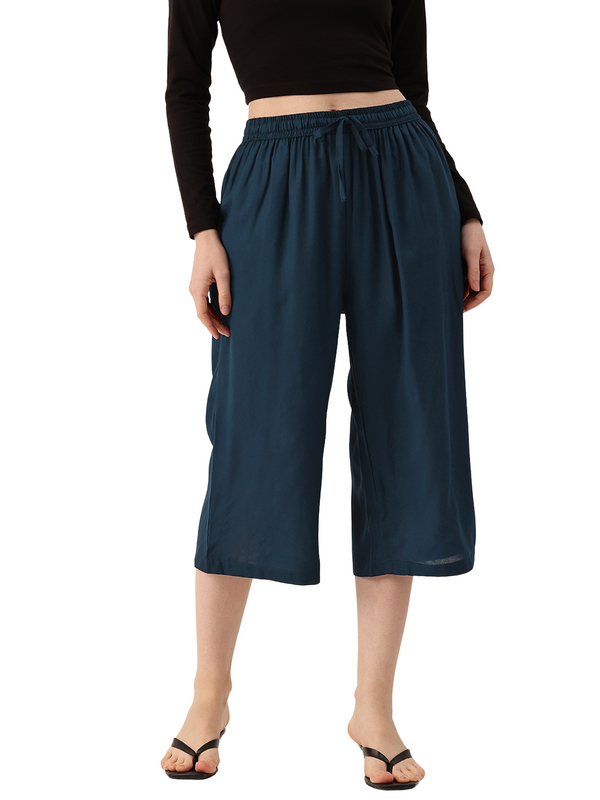 Women's Culottes | Calf-Length Pants with Double Pockets & Elastic Waistband