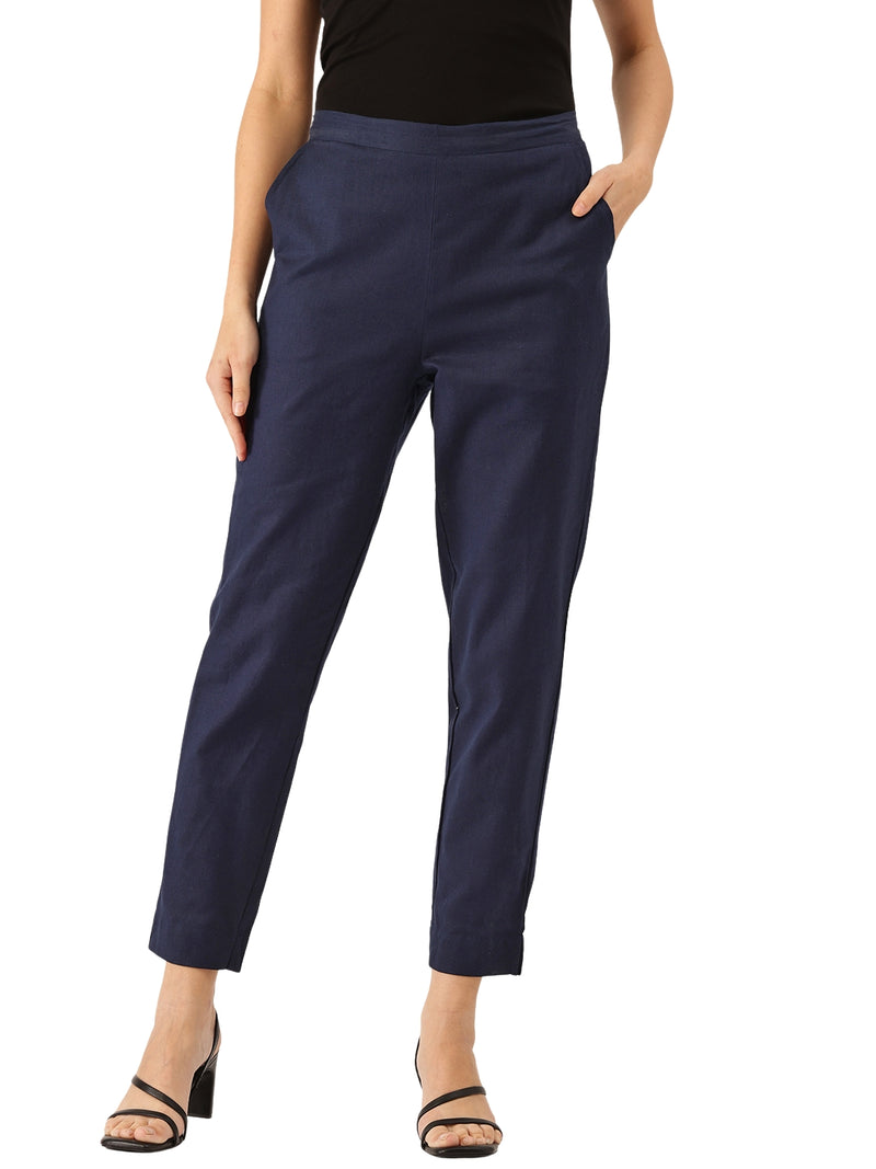 Women's Cotton Pants - Double Pockets, Adjustable Waist, and Ankle-Length Fit