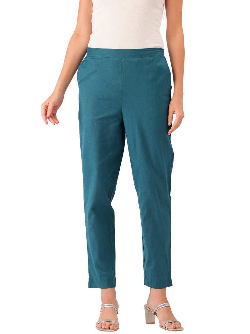 Light Blue Cotton Pants - Double Pockets, Adjustable Waist, and Ankle-Length Fit