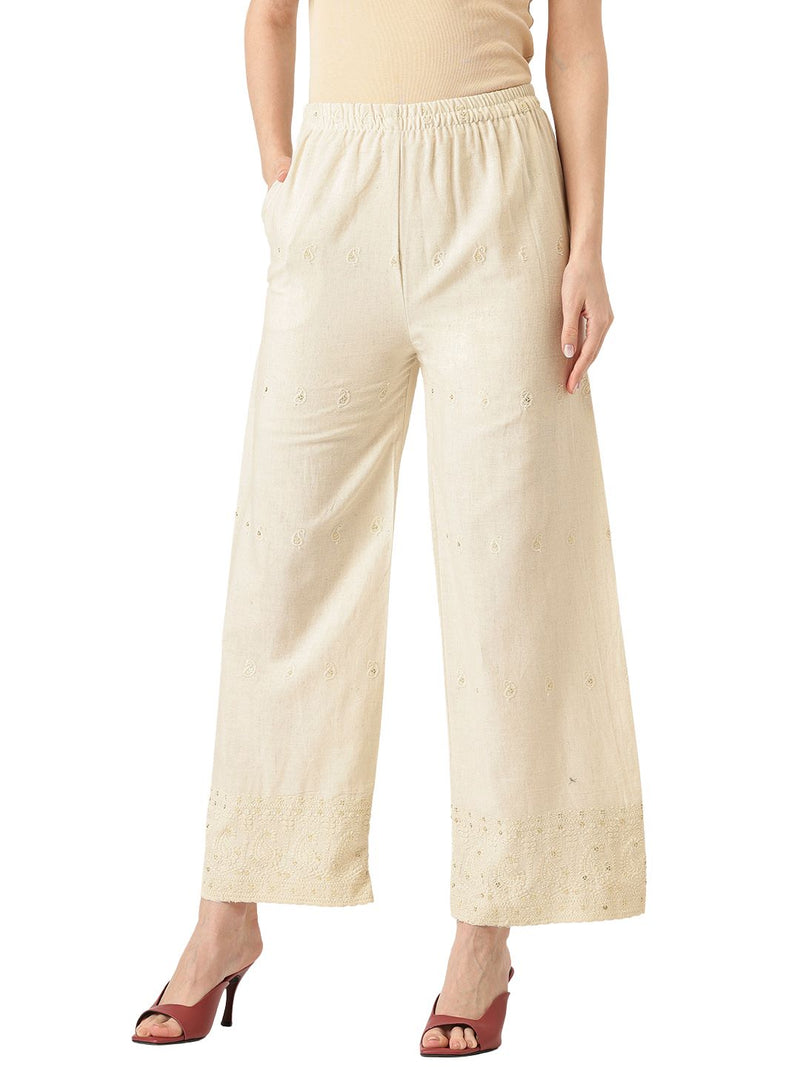 Beige Beige Palazzo|Embroidered, Flax Cotton, Sequin Detail, Ankle-Length, Single Pocket