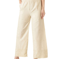 Beige Beige Palazzo|Embroidered, Flax Cotton, Sequin Detail, Ankle-Length, Single Pocket
