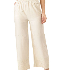 Beige Beige Palazzo|Embroidered, Flax Cotton, Sequin Detail, Ankle-Length, Single Pocket