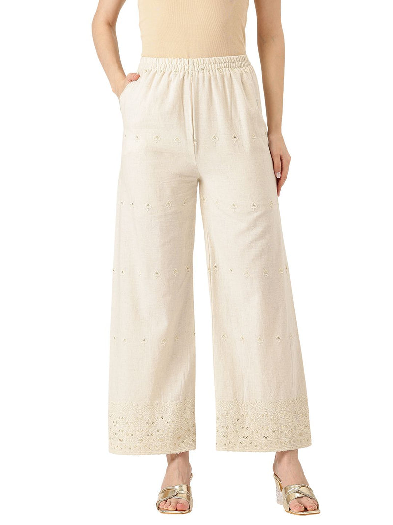 Beige Beige Palazzo|Embroidered, Flax Cotton, Sequin Detail, Ankle-Length, Single Pocket