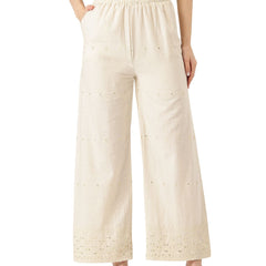 Beige Beige Palazzo|Embroidered, Flax Cotton, Sequin Detail, Ankle-Length, Single Pocket