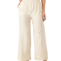 Beige Beige Palazzo|Embroidered, Flax Cotton, Sequin Detail, Ankle-Length, Single Pocket