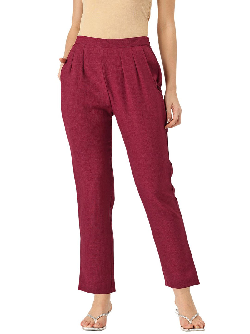 Maroon Linen Trouser - Ankle-Length Pant , Partially Elasticated ,Double Pockets