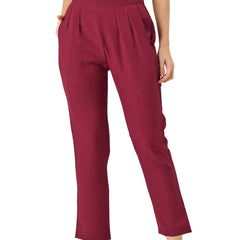 Maroon Linen Trouser - Ankle-Length Pant , Partially Elasticated ,Double Pockets