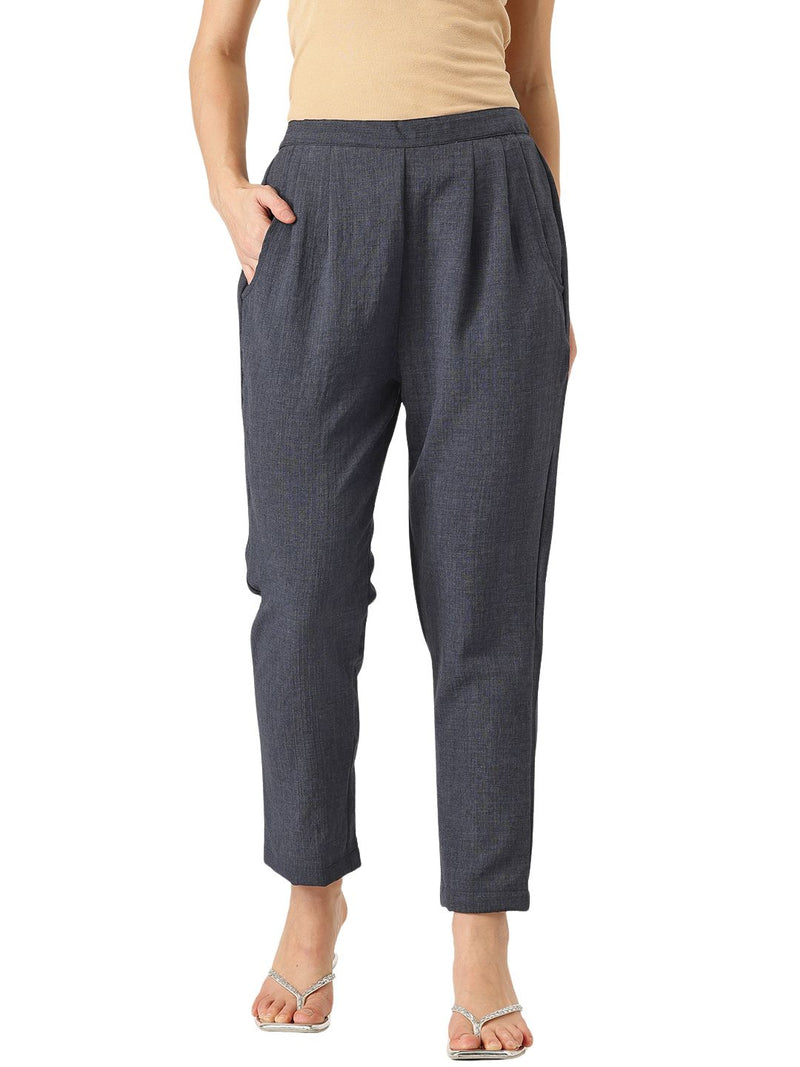 Blue Linen Trouser - Ankle-Length Pant , Partially Elasticated ,Double Pockets