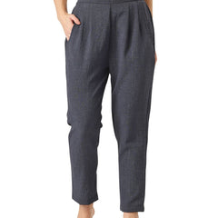 Blue Linen Trouser - Ankle-Length Pant , Partially Elasticated ,Double Pockets