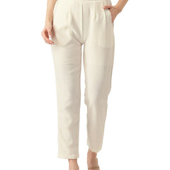 Cream Linen Trouser - Ankle-Length Pant , Partially Elasticated ,Double Pockets