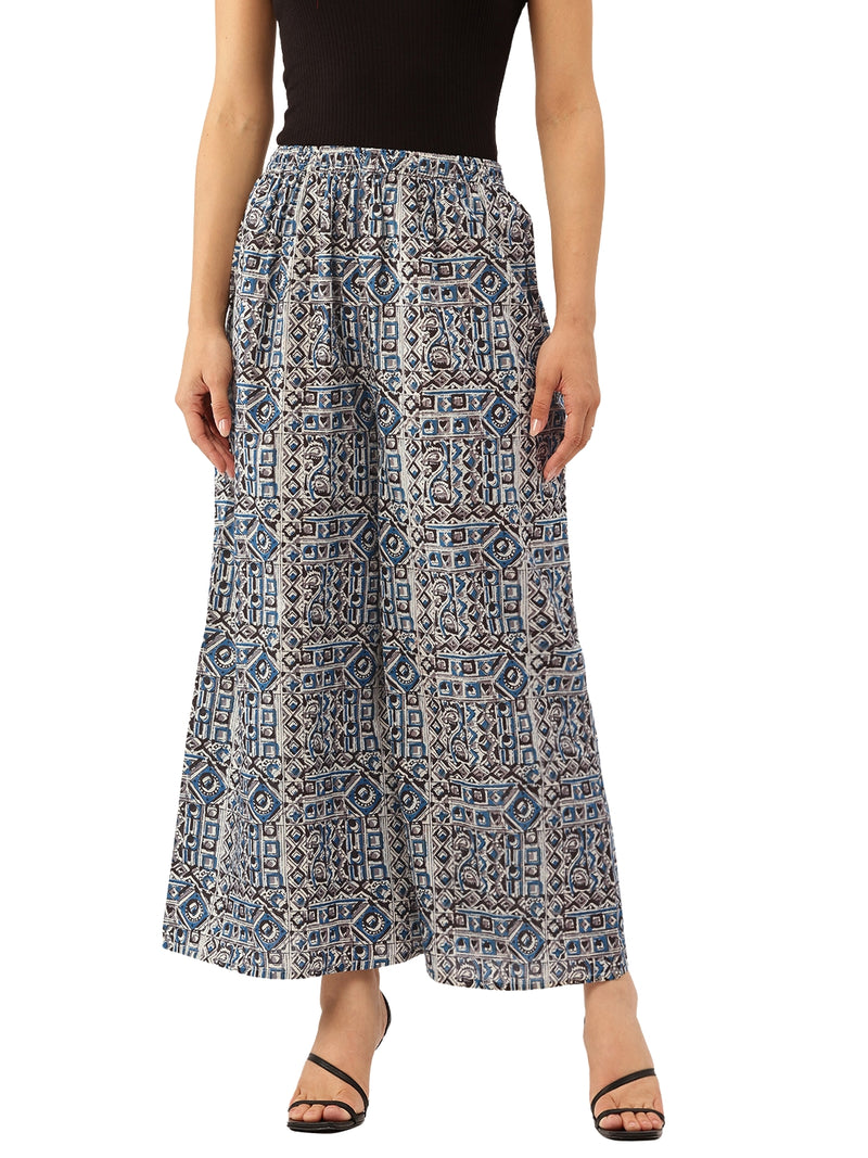 Blue Trendy Women's Blue Printed Cotton Palazzos - Elasticated Waist & Ankle-Length Fit
