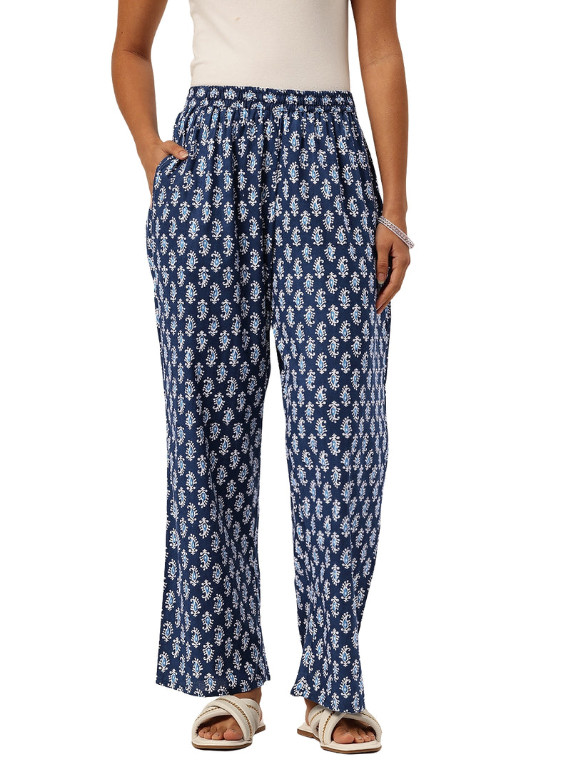 Blue Women Pure Cotton Paisley Printed Palazzo Pants | Elastic Waist | Wide Leg