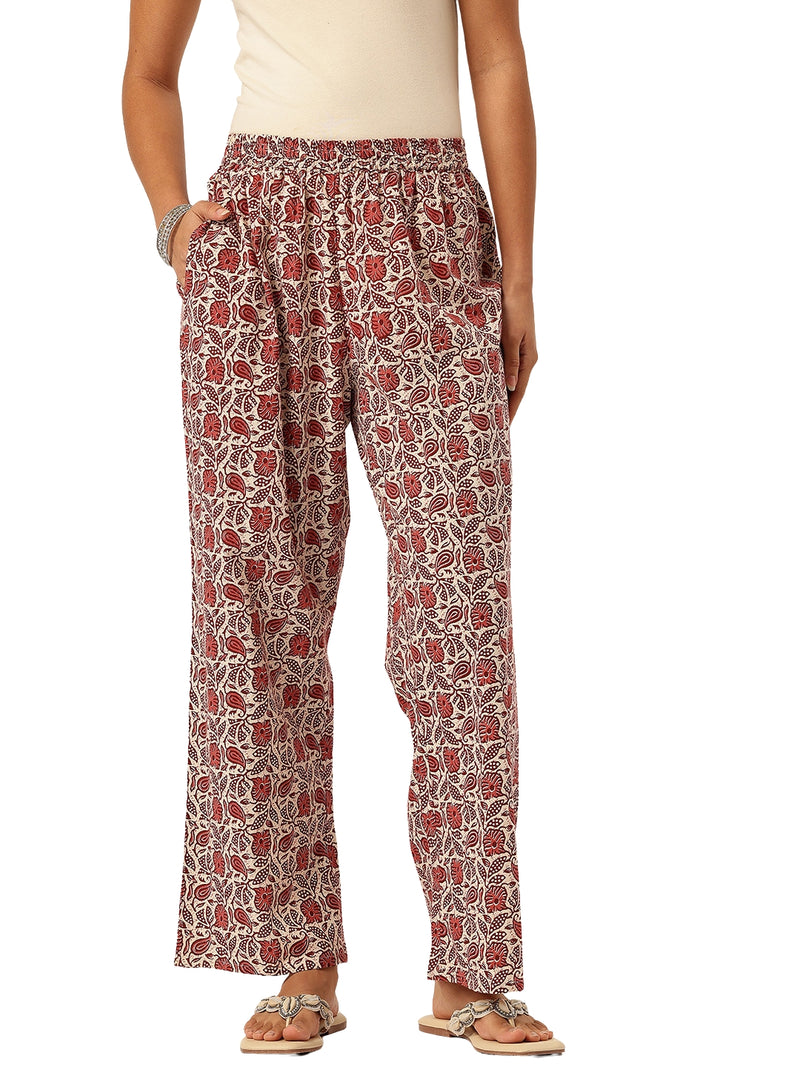 Red Women Pure Cotton Paisley Printed Palazzo Pants | Elastic Waist | Wide Leg
