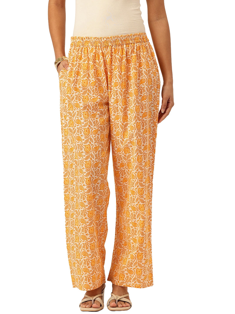 Yellow Women Pure Cotton Paisley Printed Palazzo Pants | Elastic Waist | Wide Leg