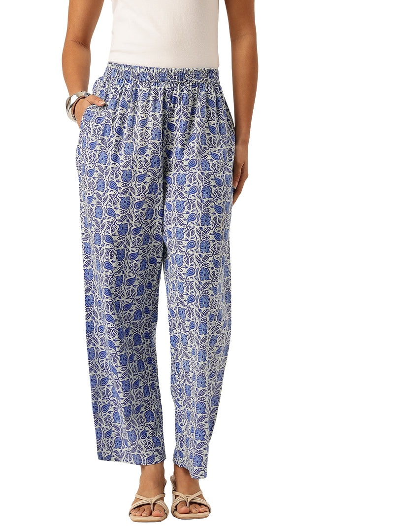 Light Blue Women Pure Cotton Paisley Printed Palazzo Pants | Elastic Waist | Wide Leg