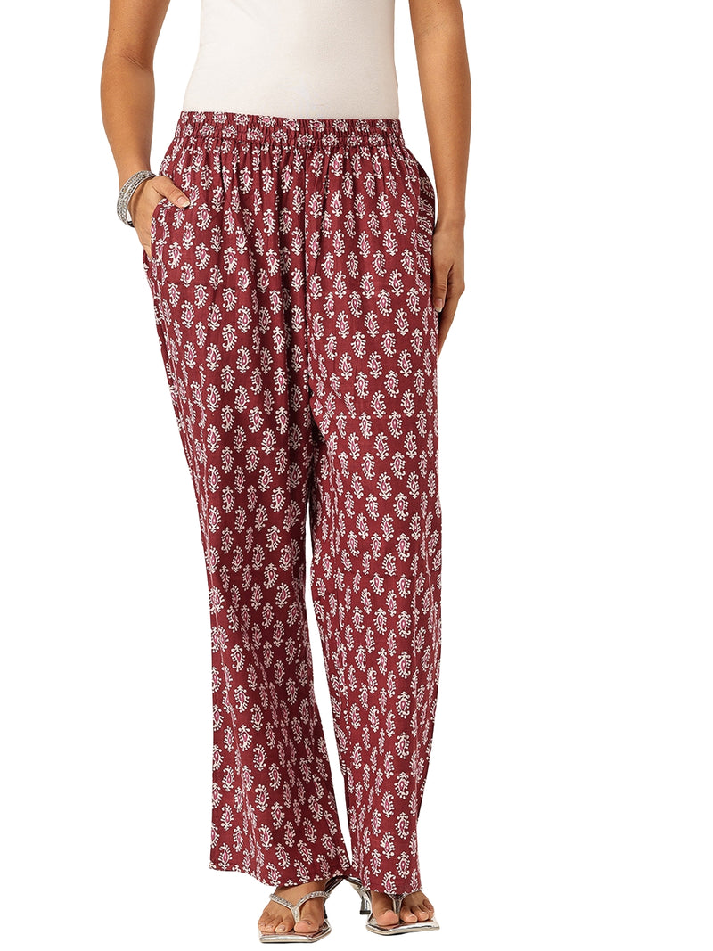 Maroon Women Pure Cotton Paisley Printed Palazzo Pants | Elastic Waist | Wide Leg