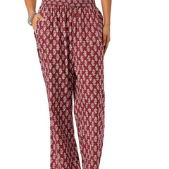 Maroon Women Pure Cotton Paisley Printed Palazzo Pants | Elastic Waist | Wide Leg