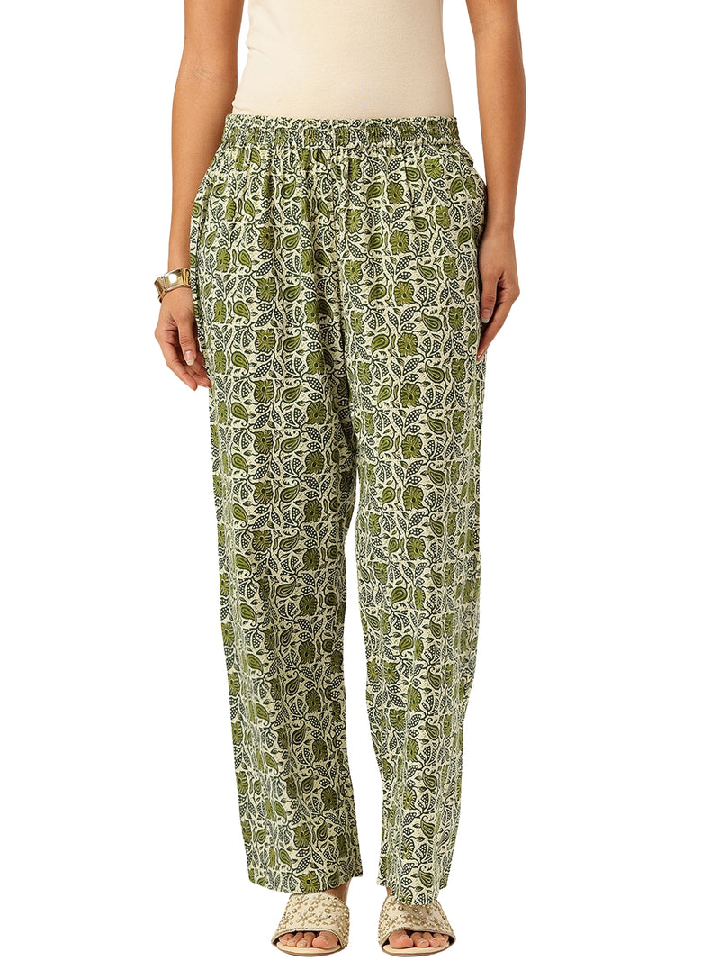 Green Women Pure Cotton Paisley Printed Palazzo Pants | Elastic Waist | Wide Leg