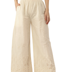 Beige Palazzos | Embroidered Elegnace With Elastic Waist & Single Pocket
