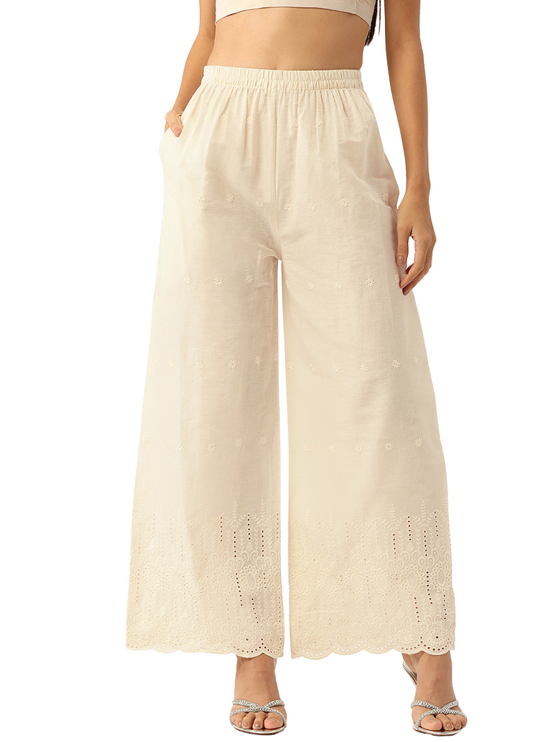 Beige Palazzos | Embroidered Elegnace With Elastic Waist & Single Pocket