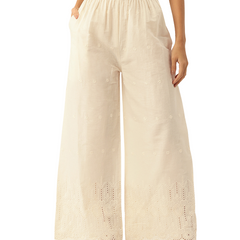 Beige Palazzos | Embroidered Elegnace With Elastic Waist & Single Pocket