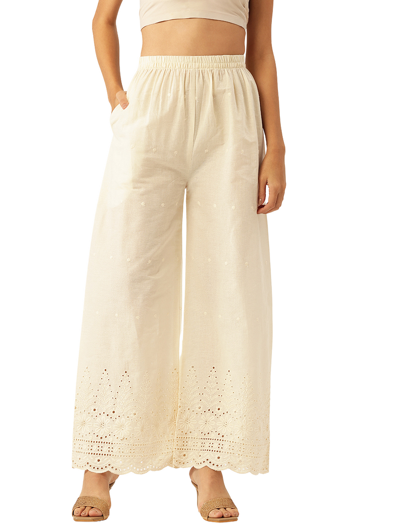 Beige Palazzos | Embroidered Elegnace With Elastic Waist & Single Pocket