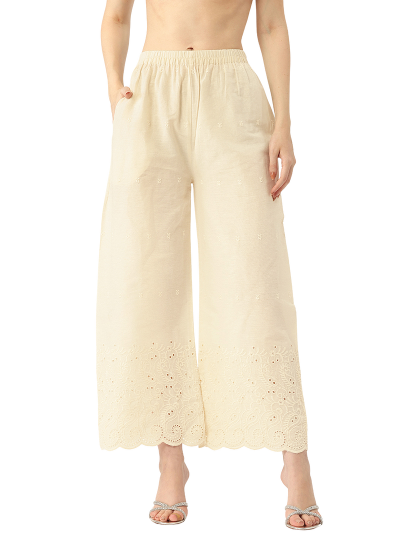 Beige Palazzos | Embroidered Elegnace With Elastic Waist & Single Pocket