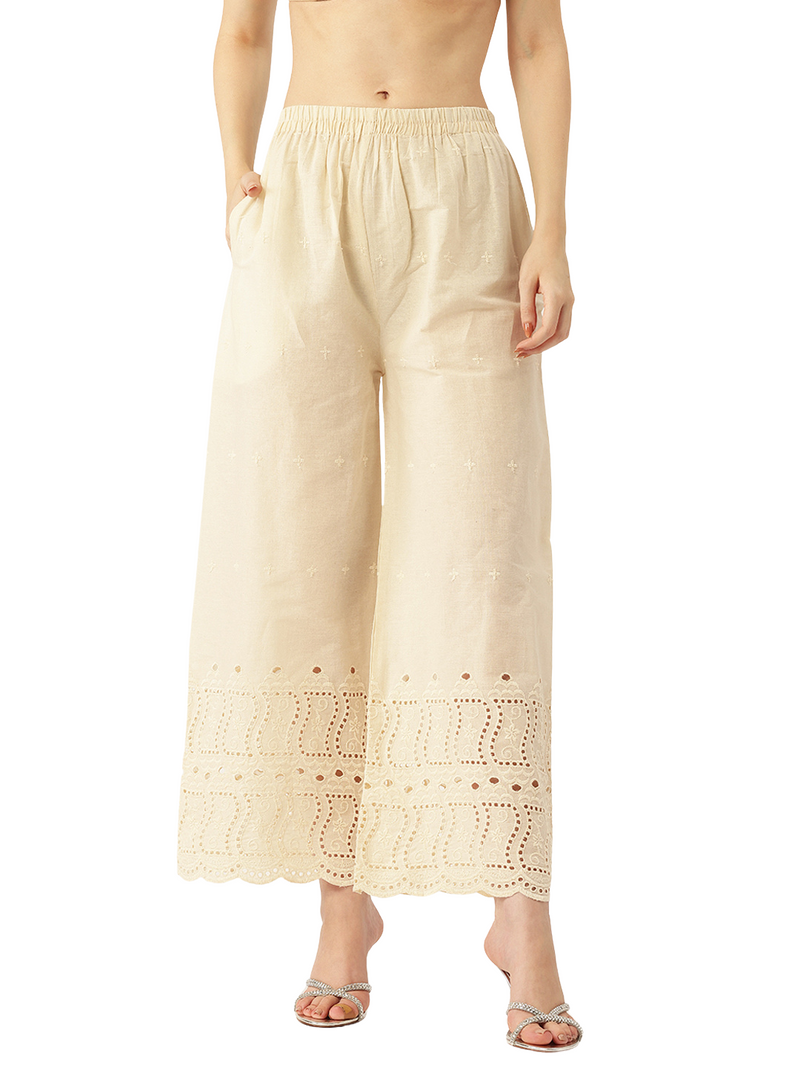 Beige Palazzos | Embroidered Elegnace With Elastic Waist & Single Pocket