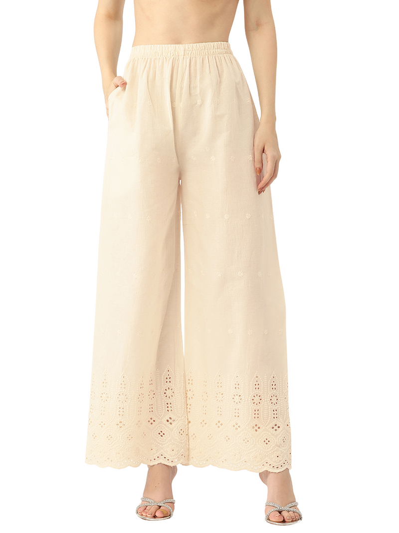 Beige Palazzos | Embroidered Elegnace With Elastic Waist & Single Pocket