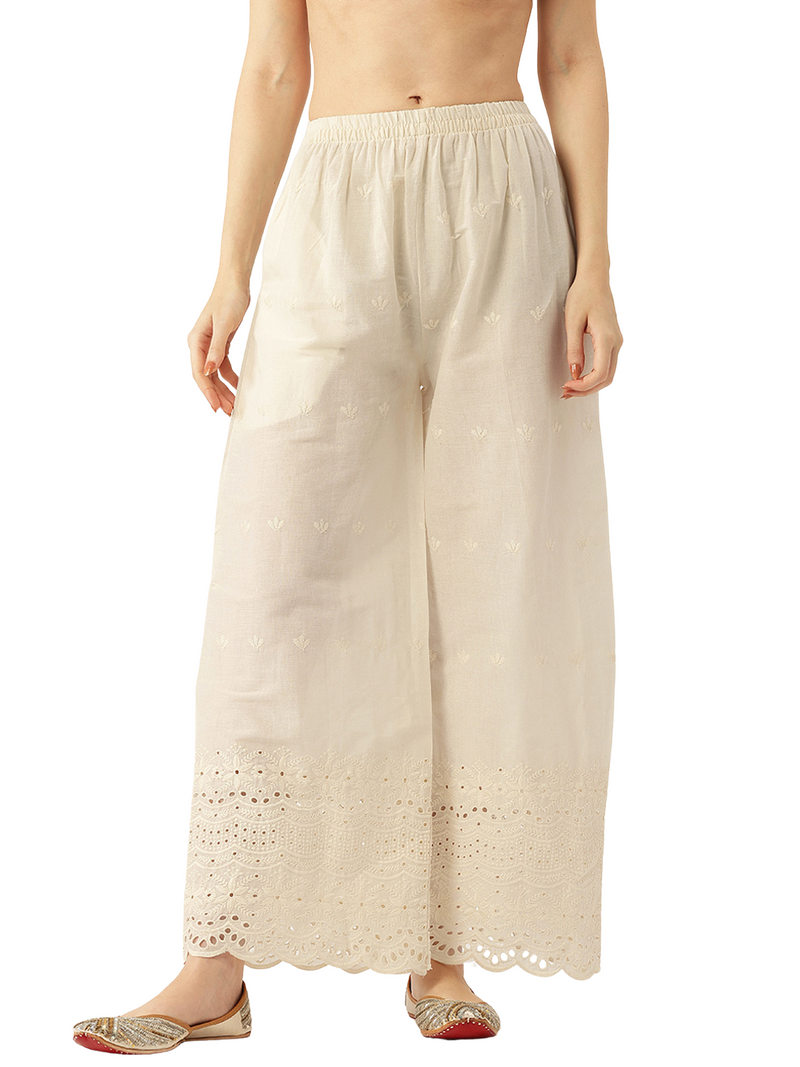 Beige Palazzos | Embroidered Elegnace With Elastic Waist & Single Pocket