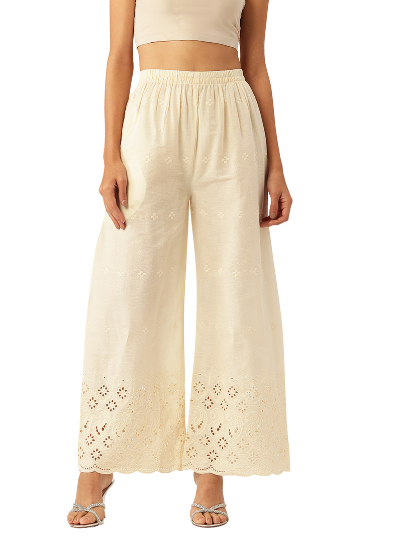 Beige Palazzos | Embroidered Elegnace With Elastic Waist & Single Pocket