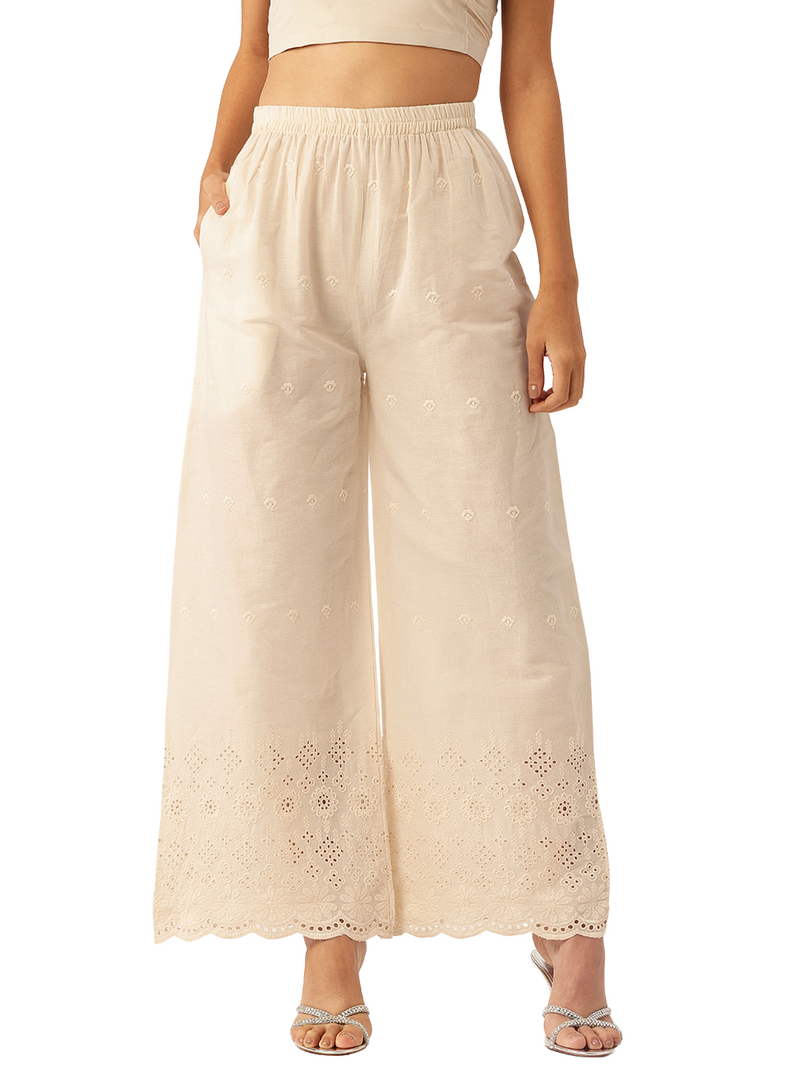 Beige Palazzos | Embroidered Elegnace With Elastic Waist & Single Pocket