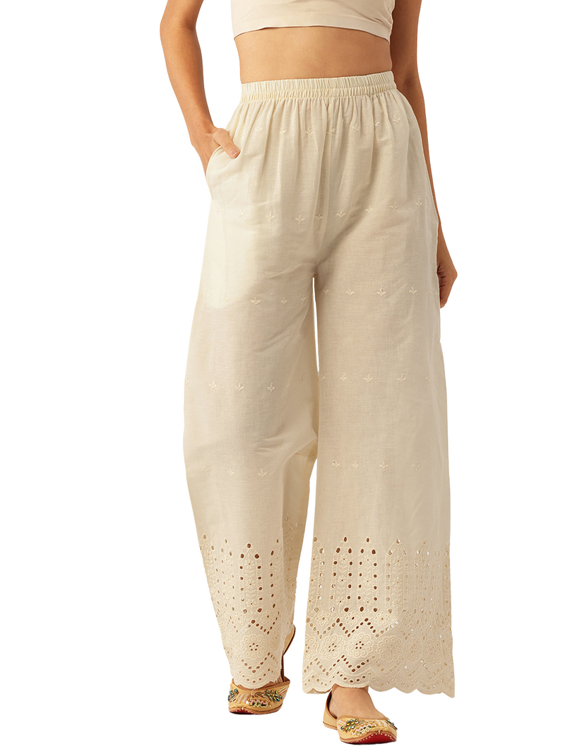 Beige Palazzos | Embroidered Elegnace With Elastic Waist & Single Pocket