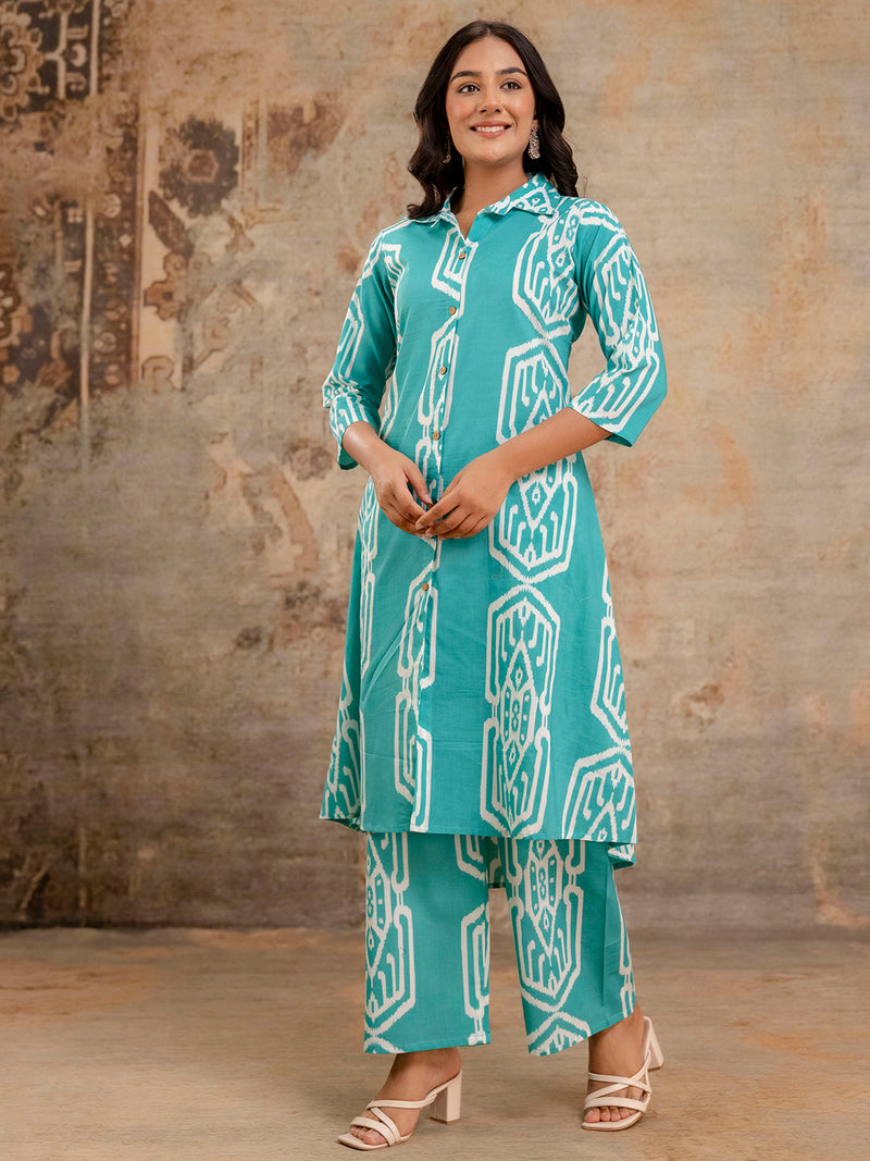 Light Green Women’s Co-Ord Set–Printed Collared Kurta with 3/4 Sleeves & Elastic Waist Pants
