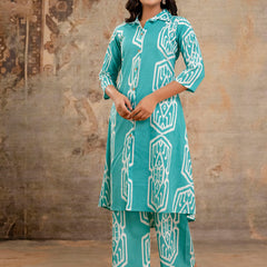 Light Green Women’s Co-Ord Set–Printed Collared Kurta with 3/4 Sleeves & Elastic Waist Pants